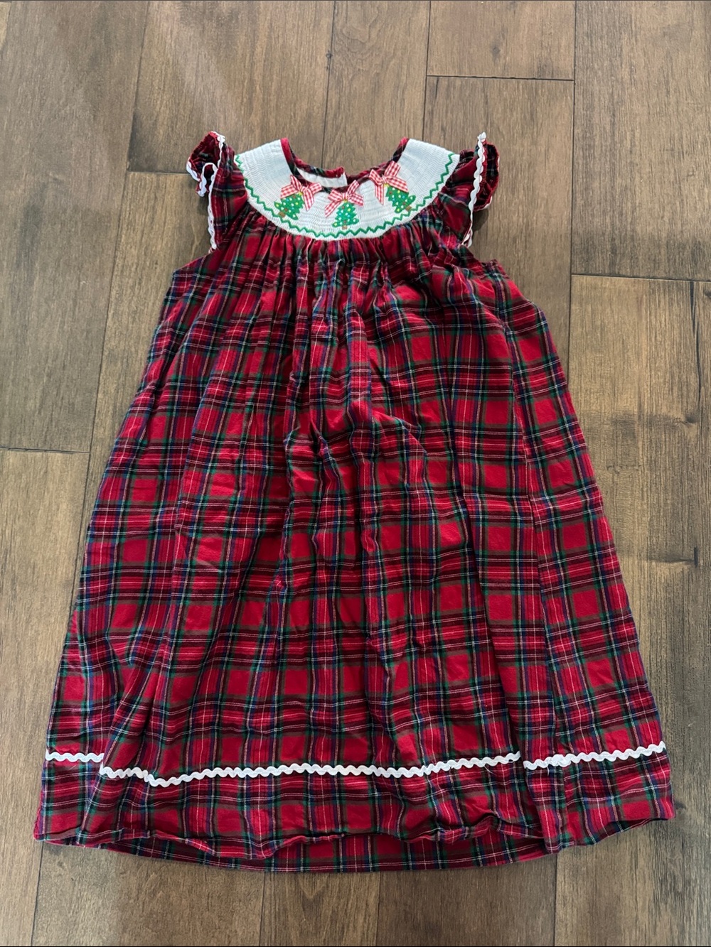 Girls Red Plaid Holiday Dress with Smocked Collar